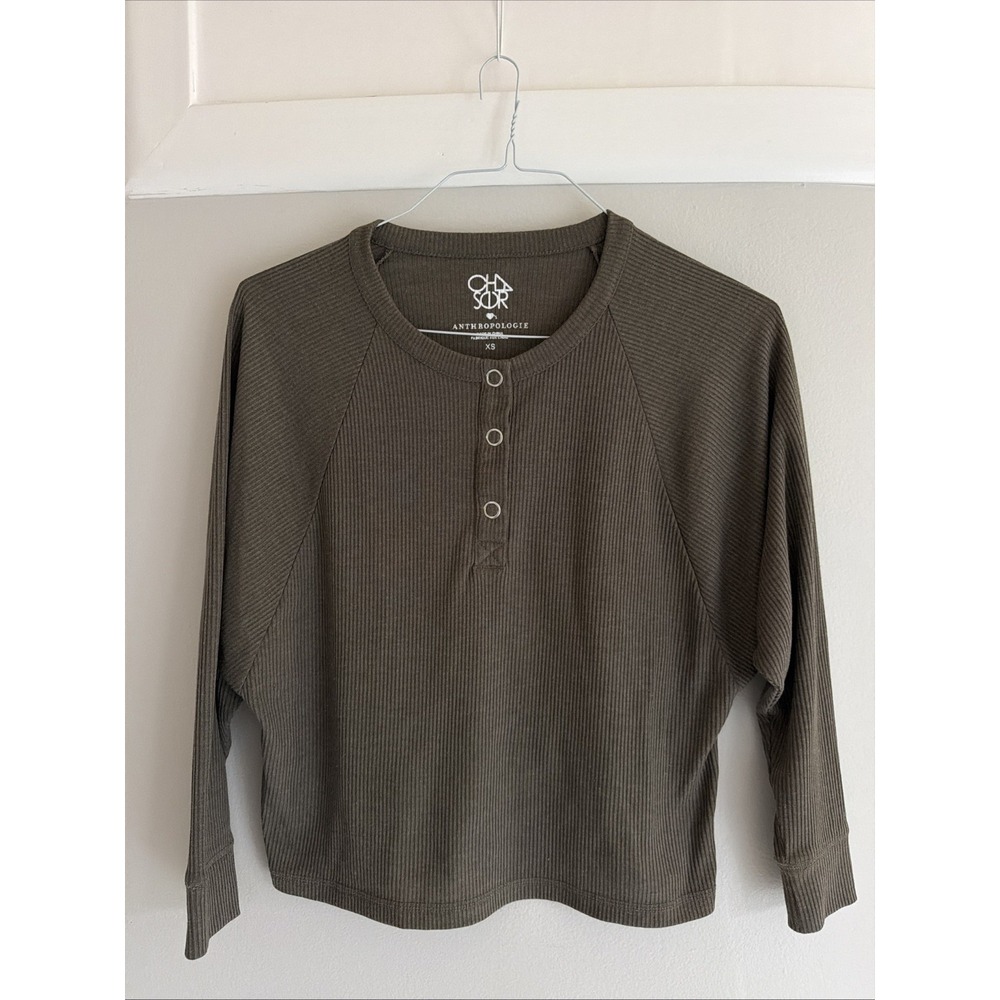 Anthropologie Top XS CHASER Ribbed HARRIETA Henley Dolman 1/4 Snap T-Shirt Olive